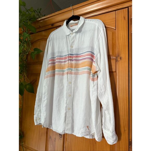 Tommy Bahama Linen “Coastal Stripe” Long Sleeve Shirt (White / Pastel) – L - Picture 3 of 13